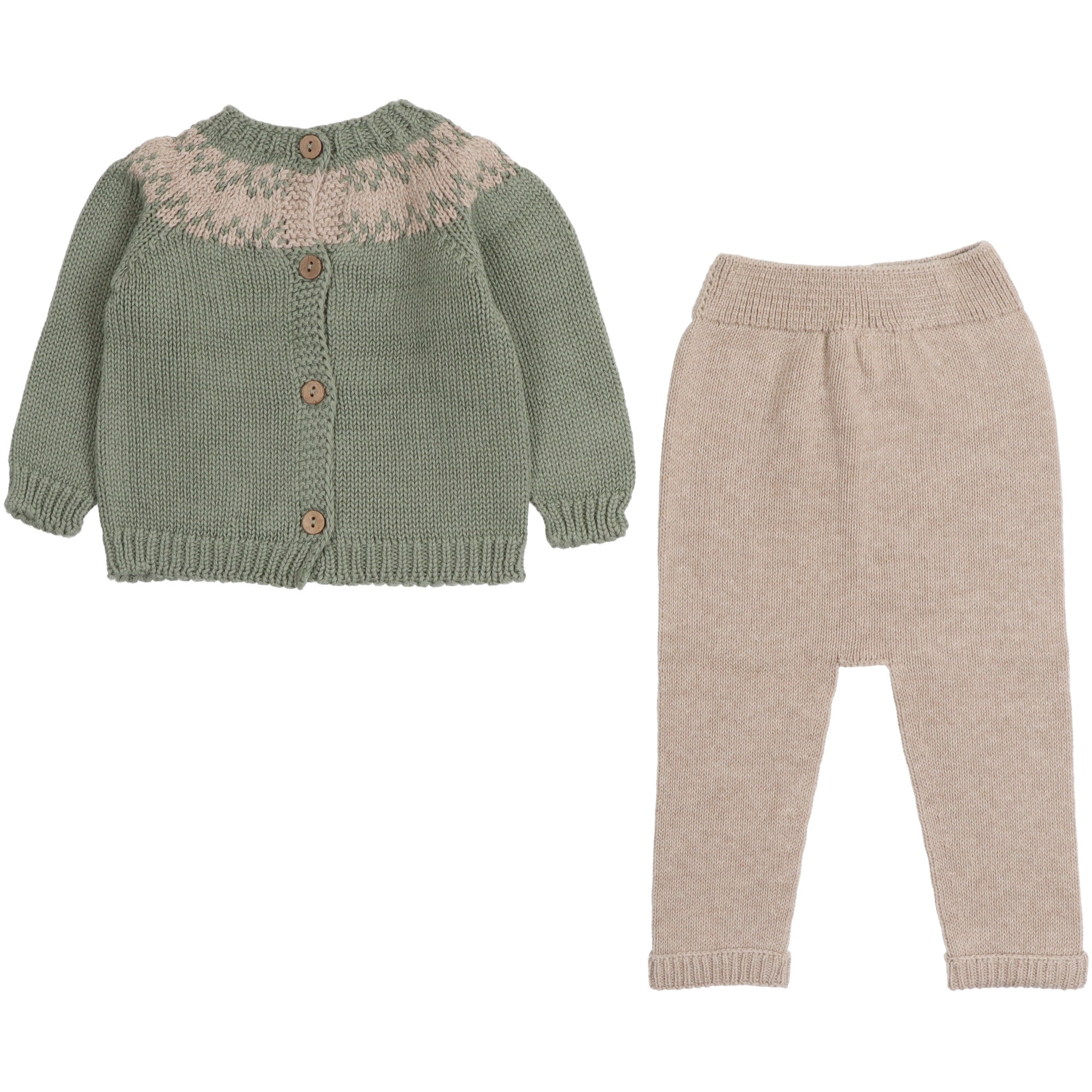 completo maglione reversibile e pantalone in filo di cotone verde e beige di li&amp;me cotone organico