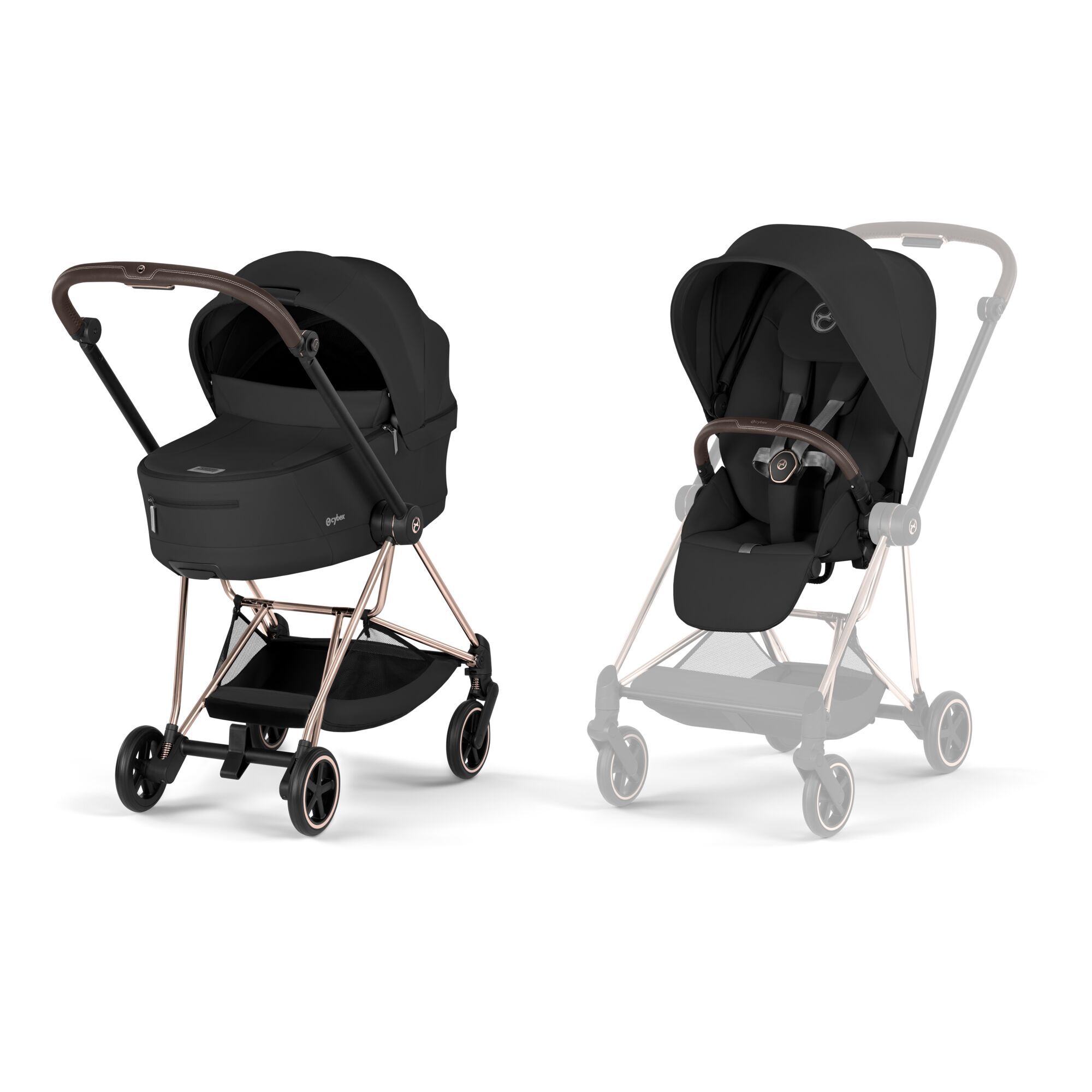 duo cybex modello Mios colore nero e telaio colore rosegold completo di passeggino e navicella richiudibile su telaio