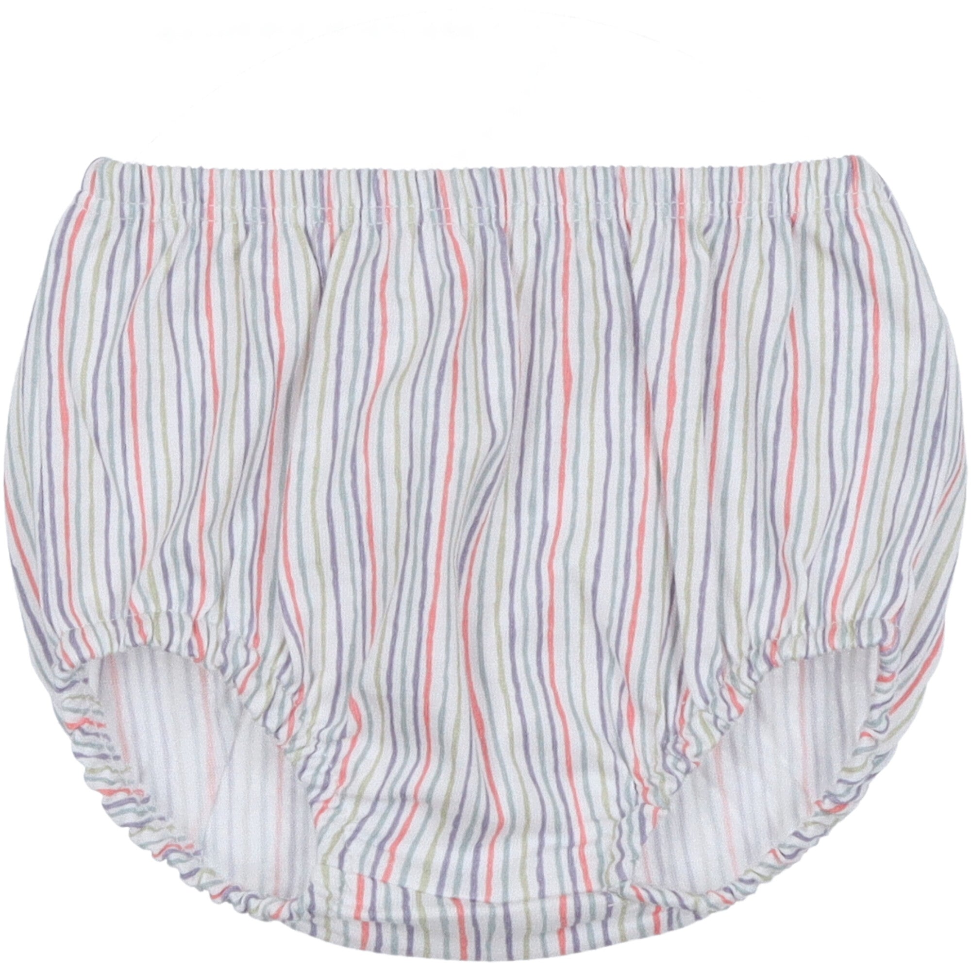 Coulotte per neonato in cotone bianco con fantasia a righe multicolor, elastico morbido in vita e sul girogamba.