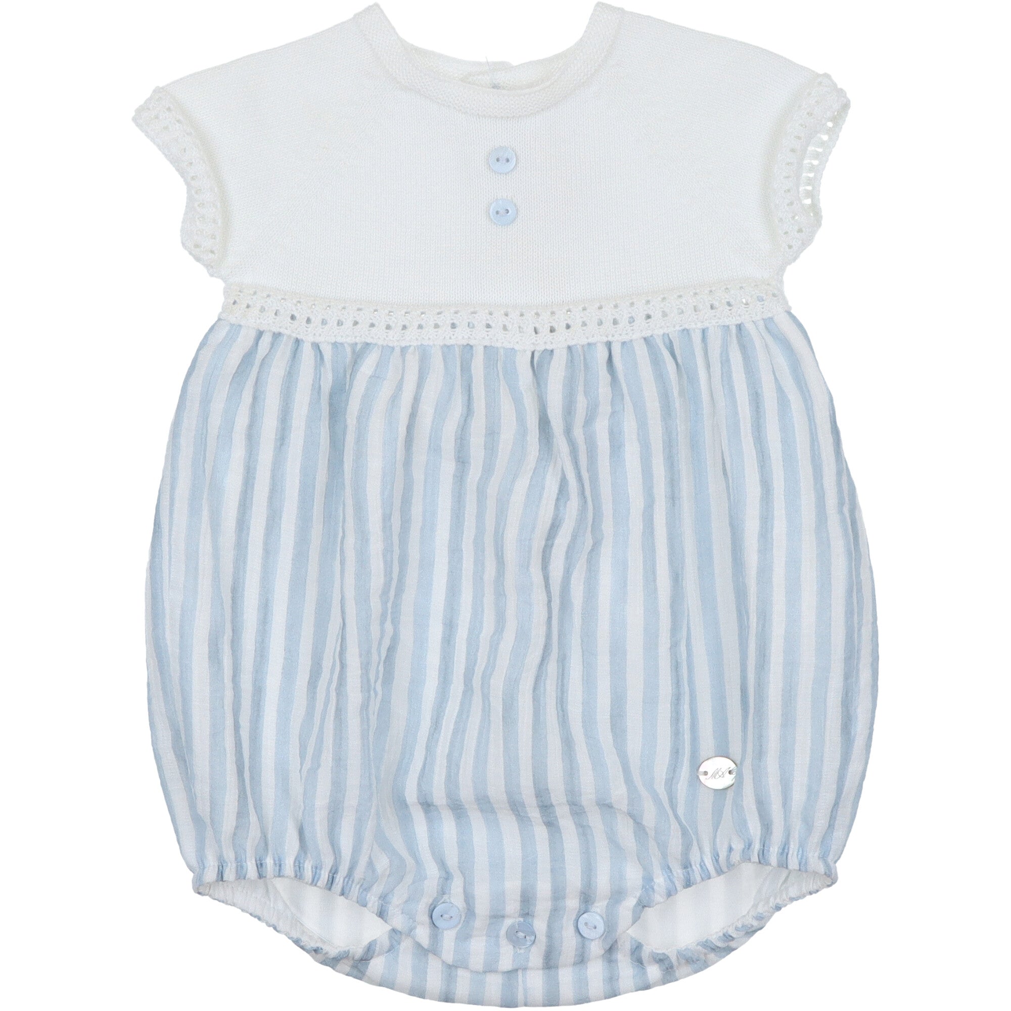 pagliaccetto azzurro per neonato in filo di cotone e tessuto leggero a righe azzurro abito estivo per bimbo