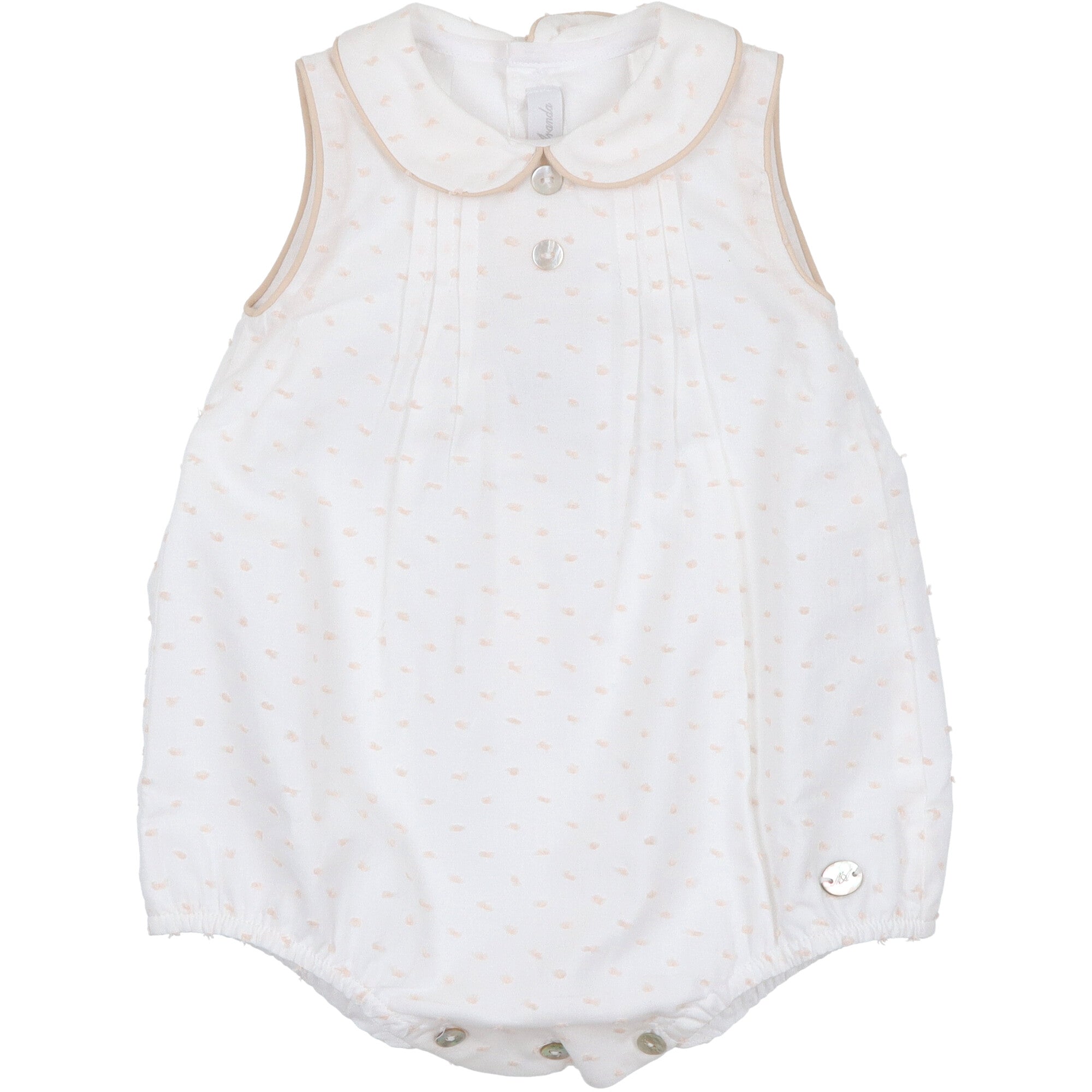 pagliaccetto estivo in tessuto plumetì colore bianco con profili in beige abito estivo per neonati
