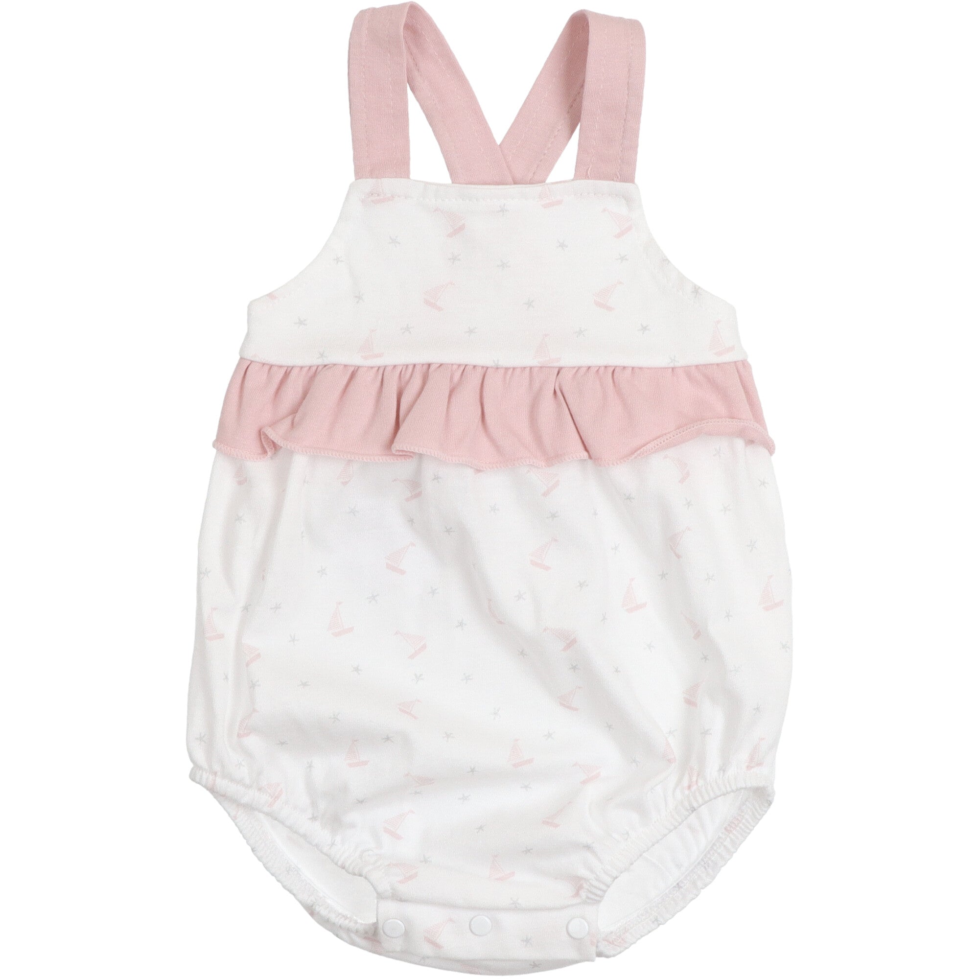 Body corto per bambina in cotone bianco con stampa barchette rosa balza rosa sul petto bretelle incrociate e bottoni automatici sul fondo