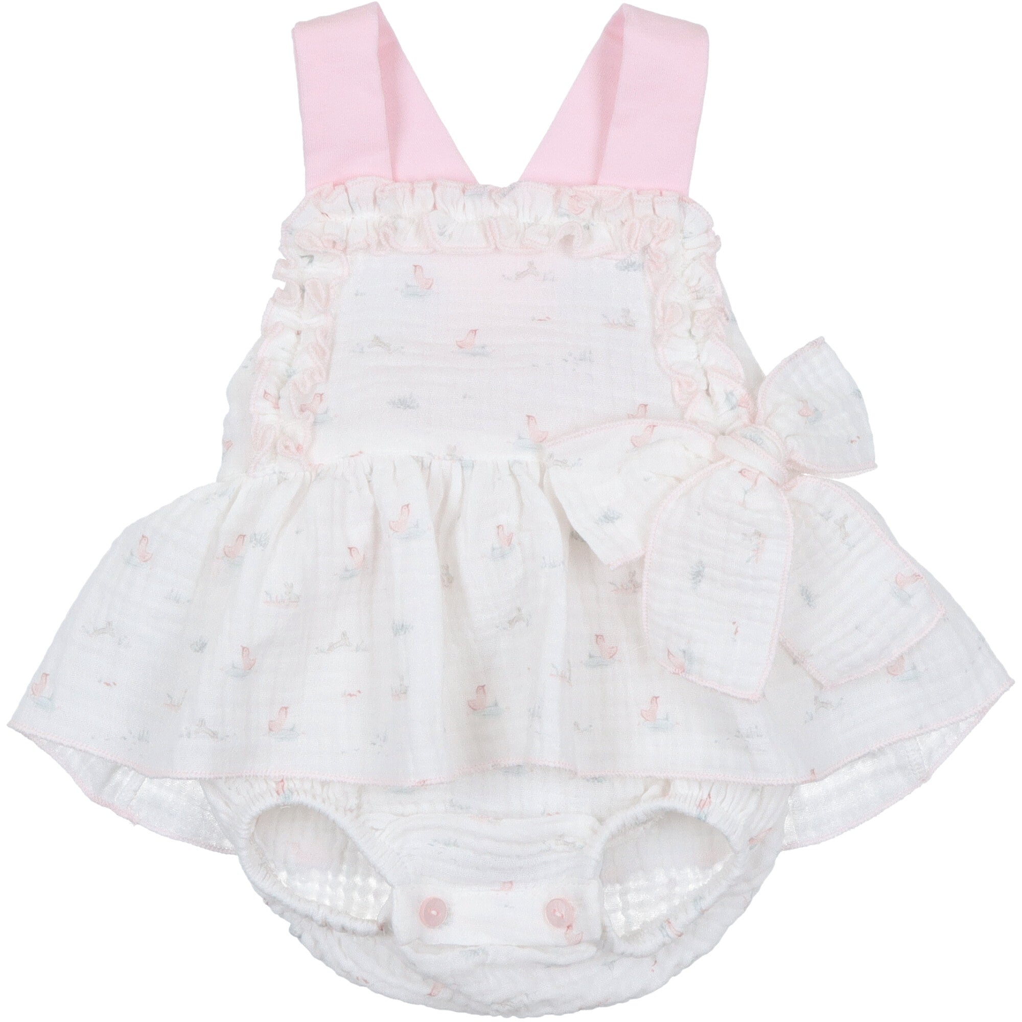 salopette per neonata estiva realizzata in cotone mussola con piccola stampa bretelle in colore rosa pagliaccetto estivo neonata