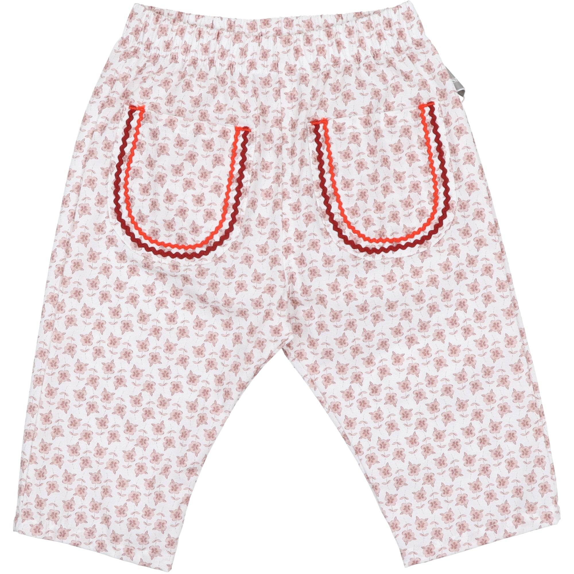 Pantaloni lunghi bambina in 100% cotone con stampa floreale, vita elasticizzata e tasche frontali con passamaneria rickrack a contrasto.
