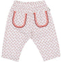 Pantaloni lunghi bambina in 100% cotone con stampa floreale, vita elasticizzata e tasche frontali con passamaneria rickrack a contrasto.