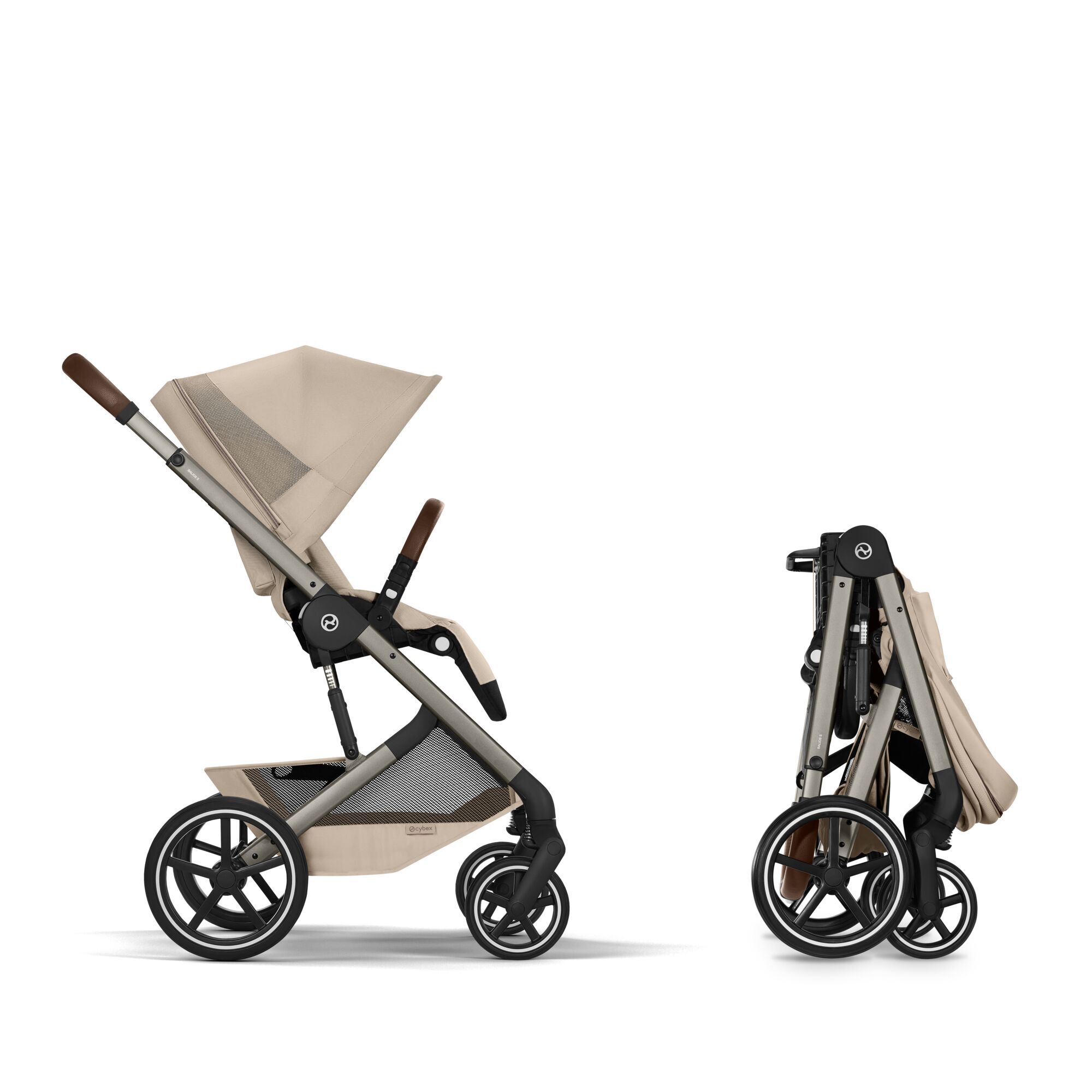passeggino Balios s di Cybex colore beige completo di navicella che si chiude su telaio