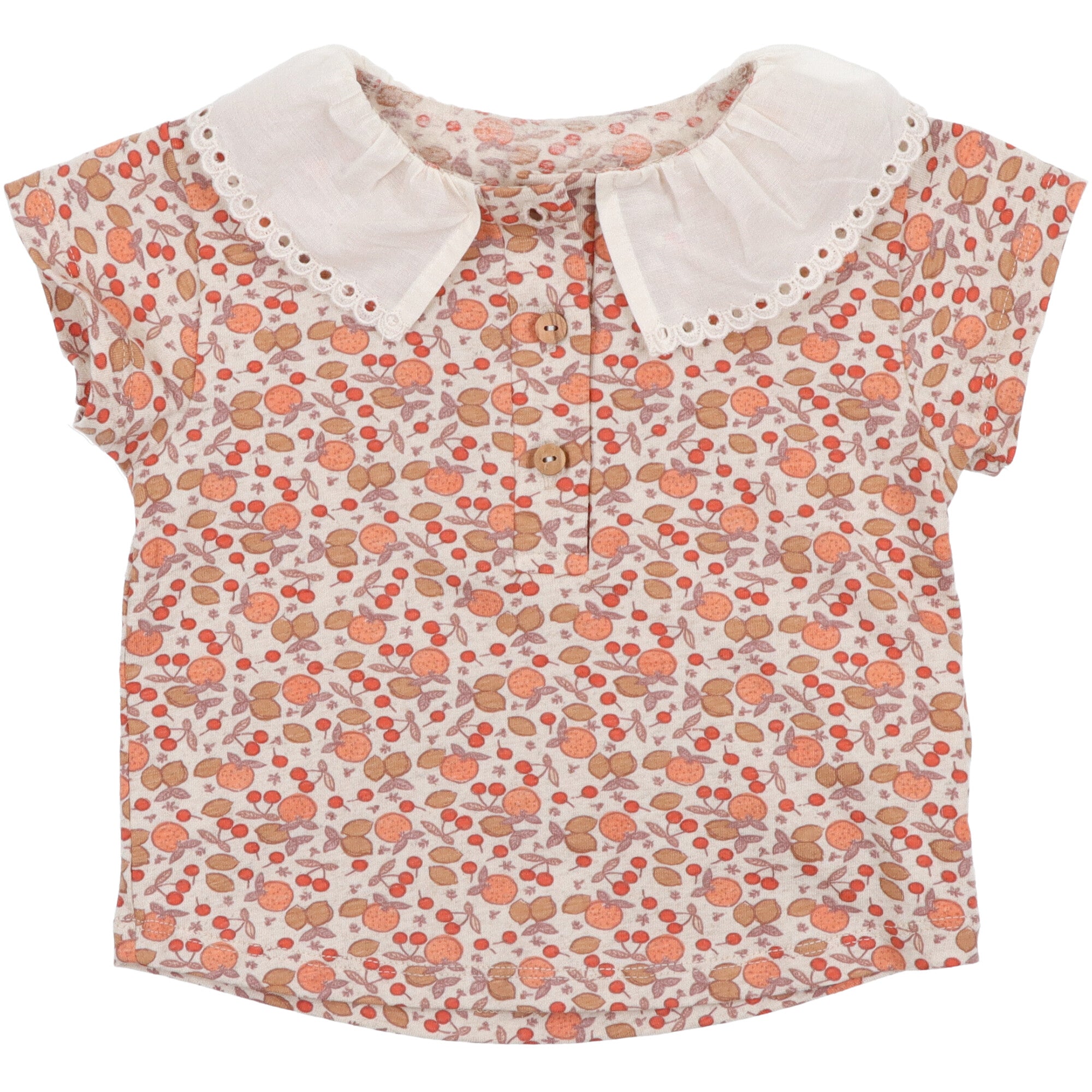 T-shirt bambina in jersey di cotone con stampa floreale, colletto ricamato con volant e bottoni in legno, ideale per la primavera e l'estate.