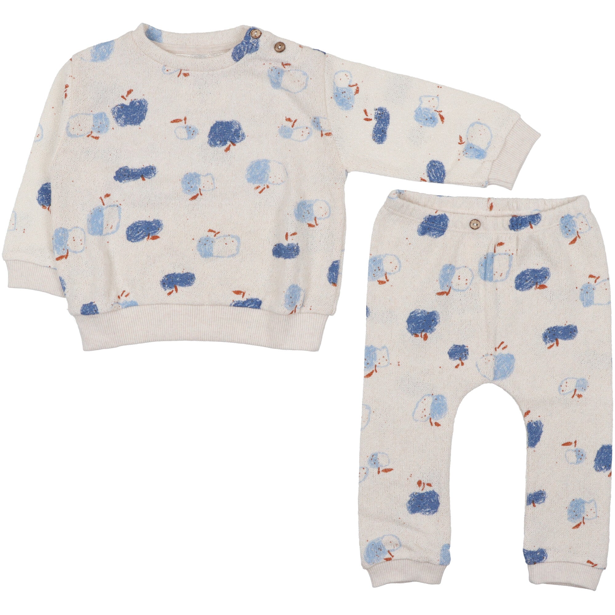 completo sportivo in morbida maglia fantasia stampa mele in colore azzurro composto da felpa e pantalone lungo abiti per neonati brand play up